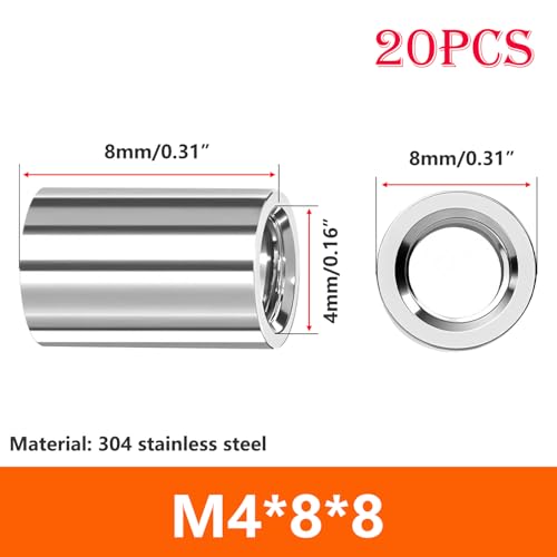 Verpakking van 20 ronde stud Nuts, Roestvrij staal 304, draadstaaf vrouwelijk, M4 x 8 x 8 mm lengte, voor Bolts