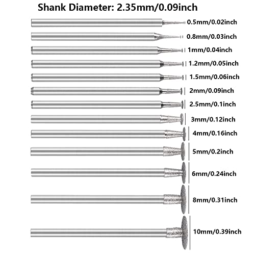 13 st. 2,35mm Shank T-Shaped Hoofd Diamond Grinding Drill Sets Graveren Carving Polijsten Glas Jade Stone Drill bit voor Dremel Rotary Tools