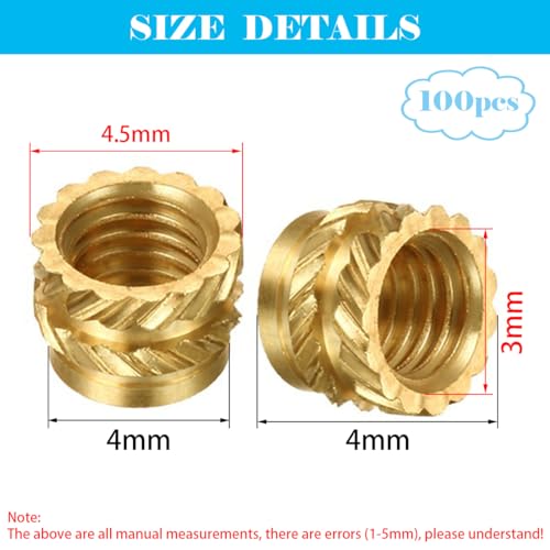 Messing invoegen Noten, Dujelixa 100 st 3D Printing Messing Noten M3 * 4.0 * 4.5mm, Injectiemoer, Gekartelde draad Warmte Containment Nut, Messing Gekartelde Nut voor 3D Printing Injectie Vormen