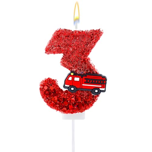 Verjaardagskaars figuur, rode pailletten Brandweerwagen Gefeliciteerd. Candle Cake Topper Cijfers voor jongens meisjes brandweerman mijl verjaardagen anniversaries brandweer thema feest (3)