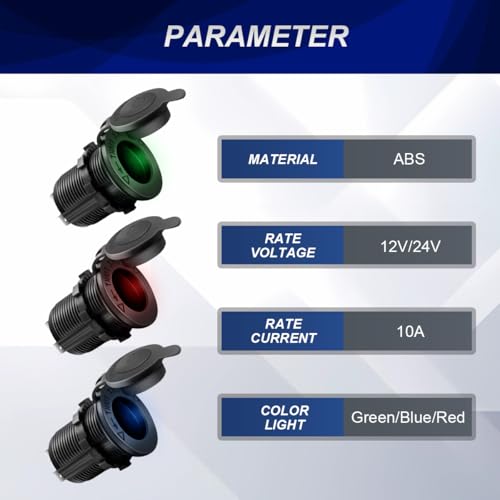 Verpakking van 3 Sigarettenaansteker Socket DC 12V 24V 10A Waterdichte Sigarettenaansteker Socket met LED-licht (rood/blauw/groen) voor auto, motor, marine, met glasbescherming