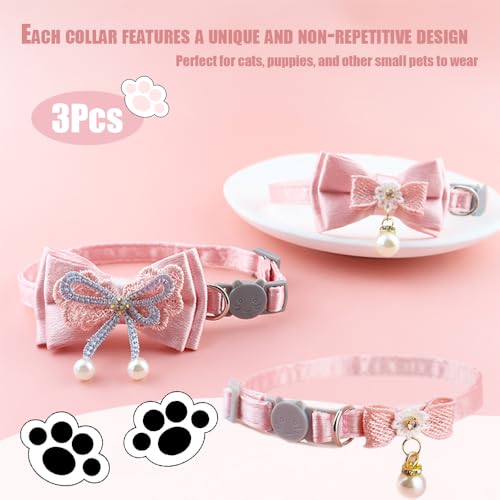 3 stuks roze kattenhalsband, leuke kattenhalsband, gescheiden verstelbare puppy kettingen, Lace Bowknot kralen ketting gescheiden veiligheid boog voor katten kleine honden (3 5