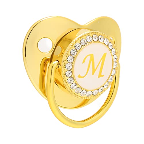 Gold Baby Pacifier, Gepersonaliseerde gebogen ontwerp 26 letters Veilige materialen Gezonde Bling Baby Pacifier Essentials voor pasgeborenen met Clips voor 6 tot 18 maanden Baby(M) 3