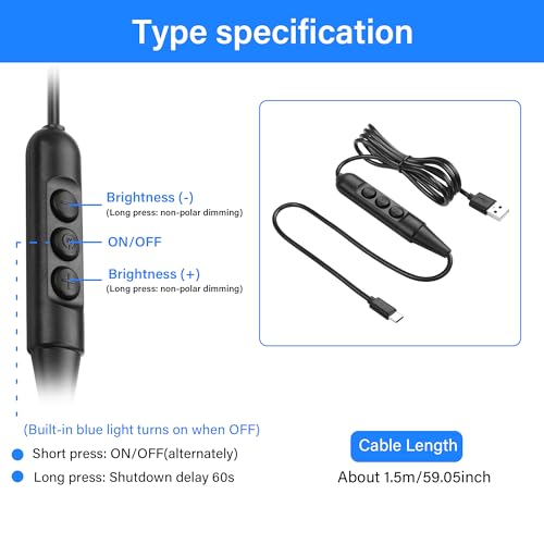 USB Man Kabel met Aan/uit Schakel naar USB C Man, USB 2.0 naar Type C 6-Speed Dimmer Switch Power Cable, voor LED Strips, Tafellampen en andere 5V-apparaten (1.5M/4.9FT)