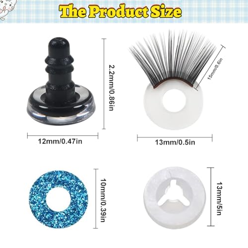 Haak speelgoed veiligheid ogen, 10 st 12mm Glitter Plastic veiligheidsogen met wimpers en ringen voor DIY haak dieren, Poppenpop Plush speelgoed 4
