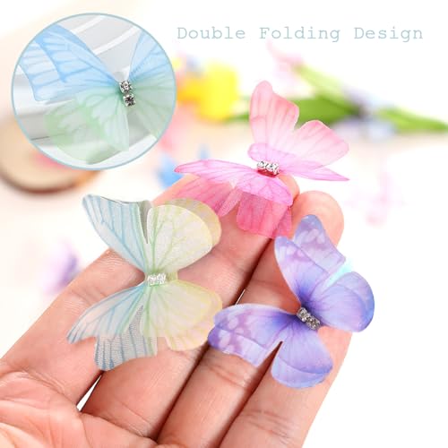 100 stuks Kleurrijke stof Vlinders voor ambachten, 3D Vlinder Appliques Wanddecoratie Accessoires 2 Lagen Mini Vlinder Toepassingen voor doe-het-zelf sieraden Scrapbooking Hair Clips (10 3
