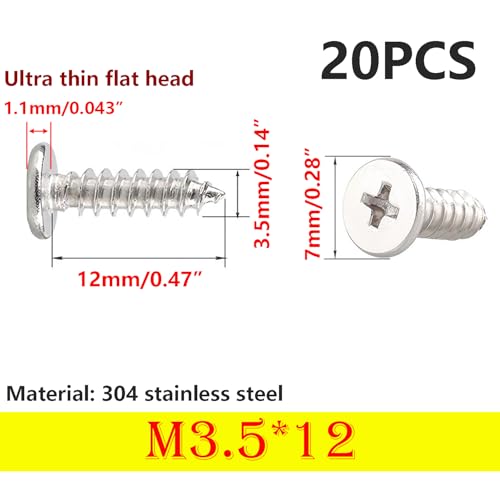 20 st. Zelftappende schroeven, M3.5x12mm Phillips Houtschroeven, ultra-dunne platte kop schroef