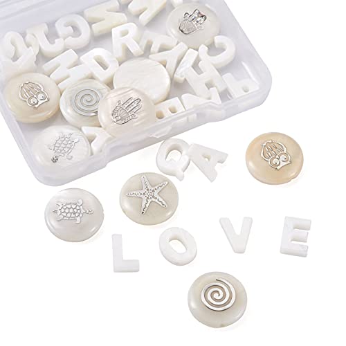 36 st. Shell Letter Kralen Natuurlijke Zoetwater Shell Kralen Alfabet Initial Charm Flat Ronde Starfish Turtle Kralen Top Brilled Kralen voor sieraden maken