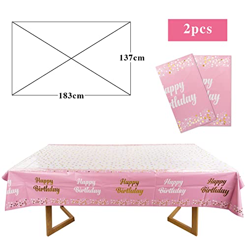 2 stuks 137 x 183 cm Tafellakens Verjaardag Meisjes Pink Gelukkige verjaardag Tafelkleed Wasbaar Plastic Rechthoekige Party Tafelkleed voor kinderen verjaardag Meisjes etc. (Dikte: 0,02mm)