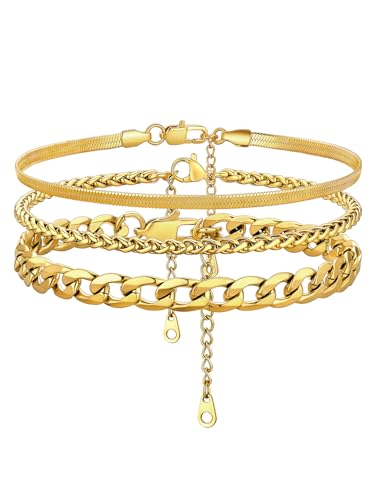 3 stuks Dames Curb ketting Enkel ketting zilver goud zwart roestvrij staal verstelbaar 3 stuks Zomer strand Barefoot enkel kettingen 22 cm + 5 cm