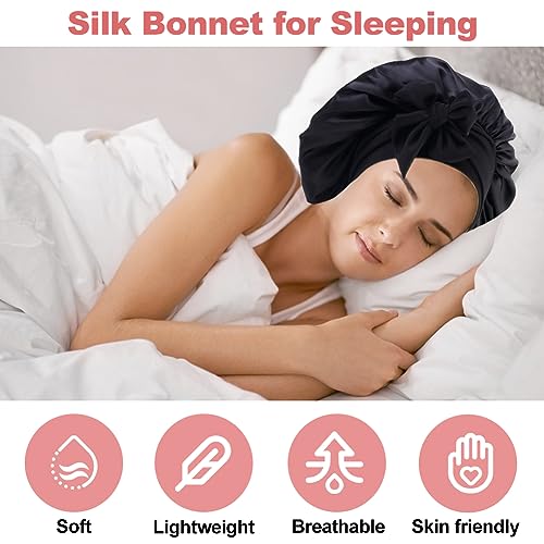 Zijde Bonnet voor het slapen, 2 stuks Comfortabel Elastische Satin Bonnet met brede rand en versterking Band, zijde haar Wrap voor vrouwen en meisjes met 5 stukken haar Bands - Roze en