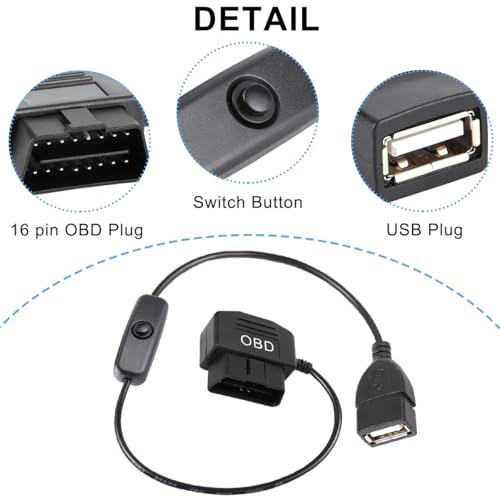 OBD naar USB-stroomkabeladapter, 16 Pin OBD2 Plug naar USB-Vrouwelijke Power Charging-kabel, OBD2 naar 5V 2A USB-connector 12V, 24V, 36V naar 5V, 2A met schakelknop, voor auto