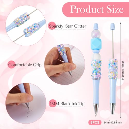 8Pcs Rhinestone Kralen Pen Plastic Ballpoint Pen met Glitter Sequins Crystal Kralen Pen voor DIY Gepersonaliseerde Rollerball Pen Office School Supplies, Aqua