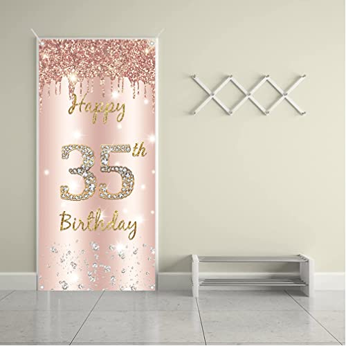35e verjaardag Decoratie voor vrouwen - Gelukkige verjaardag achtergrond Banner Rose Gold Stof Tekenposter, Deur Banner Party Welkom Teken 5