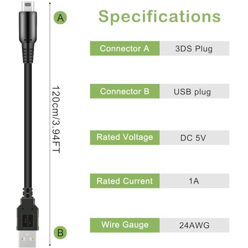 4Pcs 3DS USB-opladerkabel, vervangende stroomoplaadkabel voor nieuwe 3DS XL/Nieuwe 3DS/Nieuwe 2DS XL/Nieuwe 2DS/2DS XL/2DS/DSi/DSi XL, met capacitieve pen USB naar type C-adapter