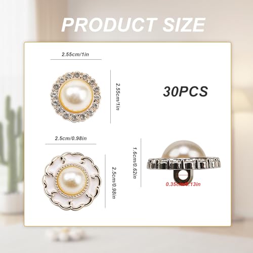 Gebreide jas, 30st 25mm Rhinestone Pearl Knoppen, Ronde Retro Faux Pearl Knoppen, 2 Styles Pearl Rhinestone Knoppen voor thuis, Kledingwinkel