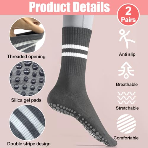 Yoga-sokken voor vrouwen, non-slip, 2 paar Yoga-sokken met handvatten, katoen, pilates Gripsokken, valpreventie, strepen Gripsokken, zwart en grijs, 39 EU, zwart en grijs 3