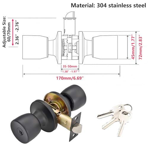 Set van 1 Deur Knob Set, Roestvrij staal Ronde Deur Knobs met slot en sleutel, Doorgang deur slot voor slaapkamer, badkamer, thuiskantoor, zwart 5