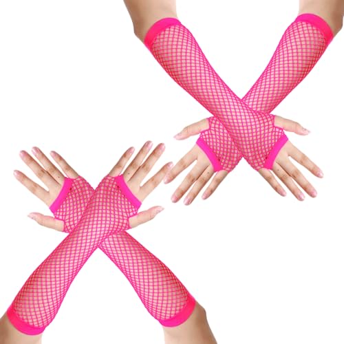 2 paar Net Handschoenen, Woensdag Kostuum Handschoenen, Mesh Arm Warmers uit de jaren 80, Long Neon Handschoenen Zonder Vingers, Elastische Net Handschoenen voor Vrouwen, Kostuum Party