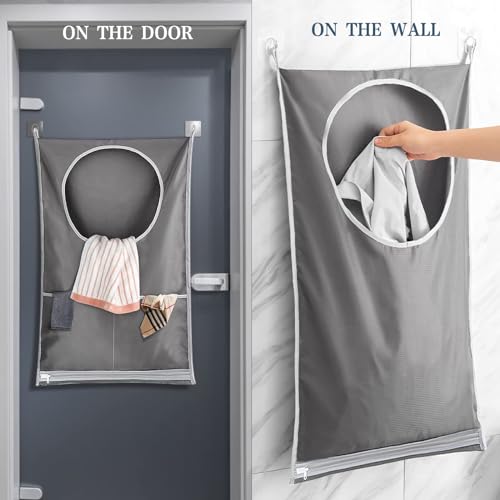 Waszak voor deur, wasserij verzamelaar, hangend wasmandje, zak, waszak met 2 stuks Zuighaken en 2 stuks roestvrij stalen deurhaken 5