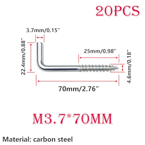 Verpakking van 20 Schroefhaken, Rechterhoekschroeven, M3.7x70mm L Vormhaakschroeven, Muurhaakschroeven, Schroeven voor opknoping