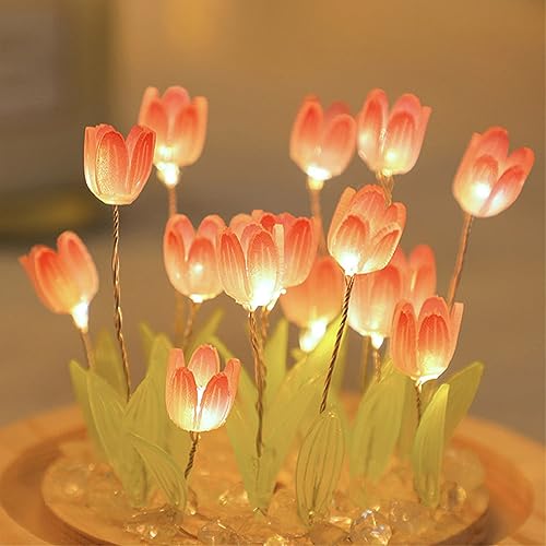 Tulip Night Light, Mini Tulip Flower Light DIY Handgemaakte Lamp, Verstelbare Helderheid Simulatie Bloem Atmosfeer Decoratie Slaaptafel Lamp (Glas, samengesteld hout) 5