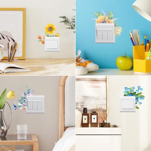 Lichtschakelaar Sticker,4st Kleurrijke bloemen Wandstickers Waterdichte lichtschakelaar Covers Decor Stickers Wandschakelaar Sticker voor woonkamer Slaapkamer Badkamer Keuken Office