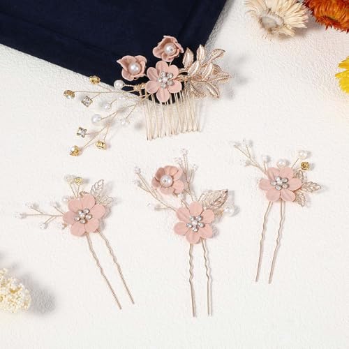 Bruids Kammen Bruiloft Roze bloemen Rhinestone Haar Clip Crystal Haar accessoires Parels Headdress Updo voor vrouwen meisjes feestbal bruidsmeisjes 5