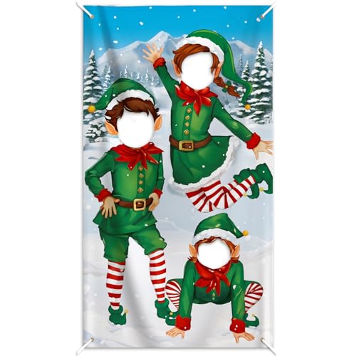 180 x 100cm Kerst Deurhoes Elf Foto Achtergrond Grappig Giant Cutout Deur Banner Stof Photo Booth Prop voor Kerstfeest Kids Spelvoorziening