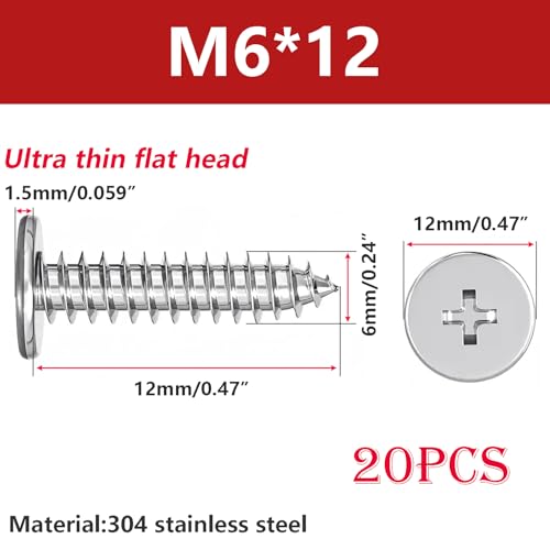 20 st. Dun zelftappende schroeven, kruiskop plat hoofd, 304 roestvrij staal, M6 x 12mm, houtschroeven voor reparaties