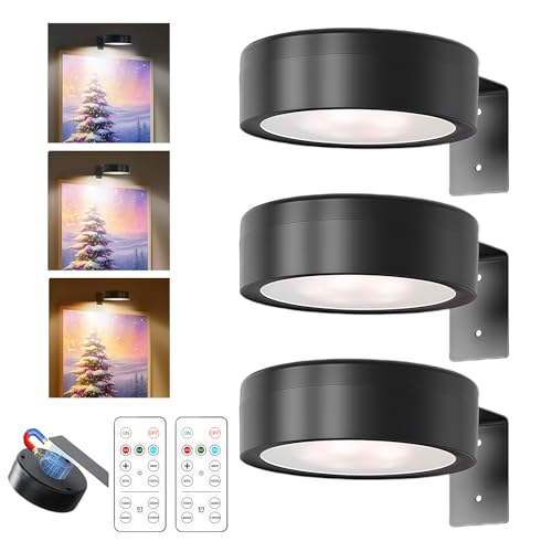Verpakking van 3 Accu-aangedreven fotolampen met afstandsbediening, 3 lichtkleuren verstelbaar, magnetische fotolamp, draadloze fotolampjes voor foto's, fotoframes, portretten, kunstwerken