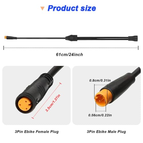 Ebike 3-Pin Y-Splitter Extension Cable, Waterproof Male to Double Female, 1 tot 2 Elctric Fietskoord voor E-Bike Licht, Gear Sensor en Remmen in E-Bike Modification Kit (Terug van 2)