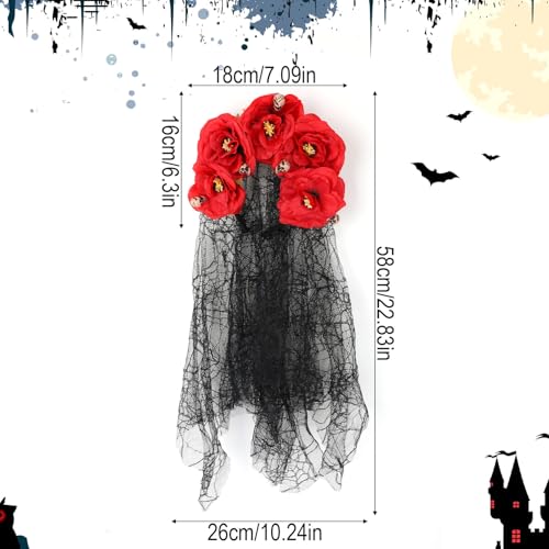 Gothic Rose Lace Veil Headgear, Halloween Rose Flower Headband met schedeldecoratie Bruids hoofdjurk Headwear voor vrouwen Halloween Cosplay Party Costume Accessoires