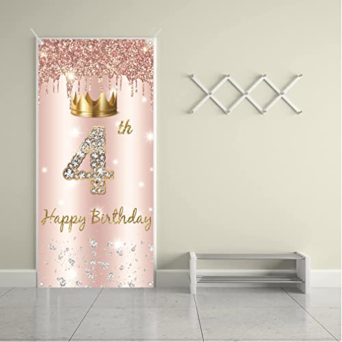 4.Birthday decoratie voor meisjes, deur decoratie roos goud,4e verjaardag stof teken opknoping poster,4e verjaardag achtergrond banner partij welkom teken 3