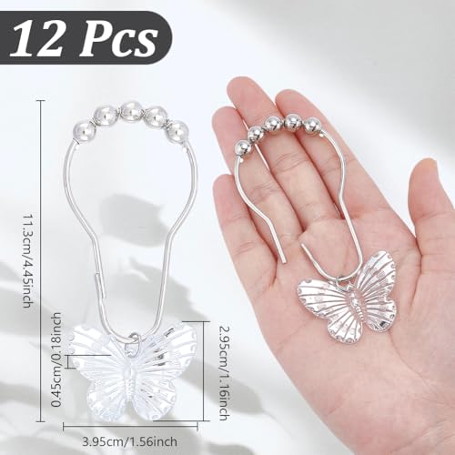 12 stuks Vlinder Douche Gordijn haken, IJzeren Douche Gordijn ringen, Decoratieve Douche Gordijn ringen, Ringen voor Badkamer, Douche Rods, Gordijnen, Platinum