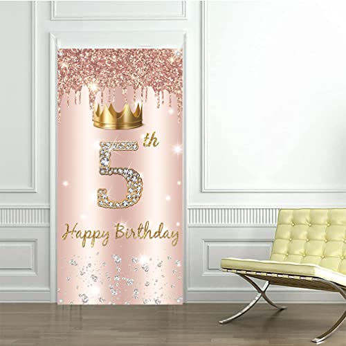 5e verjaardag meisje decoratie, gelukkig 5 verjaardag Rose Gold Deur Banner, 5e verjaardag stof teken poster deur decoratie Banner, 5e verjaardag achtergrond Banner verjaardag partij decoratie 3