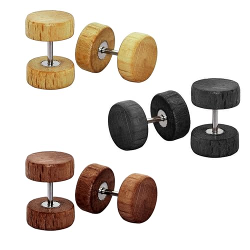 Heren Stud oorbellen, 3 paar houten Stud oorbellen, Ronde Gaten Set, Roestvrij staal, Oorbellen, Naalden, Fake Studs, Oorbellen voor mannen en jongens, 10mm, Hout, Hout