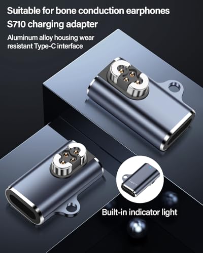 USB-C to 4 Pin Magnetic Charging Adapter voor Bone Lead Headphones, Set van 2 5V/1A uitgang, Aluminiumlegering met sleutelhanger en Blauw LED-licht, Intelligente bescherming functies 5