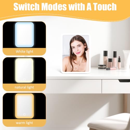 Cosmetische spiegel met verlichting, 3 lichte kleuren, oplaadbare draagbare verlichte make-up spiegel, tafelspiegel, opvouwbaar voor thuis, reizen, Camping (18 x 13,5 cm) 4