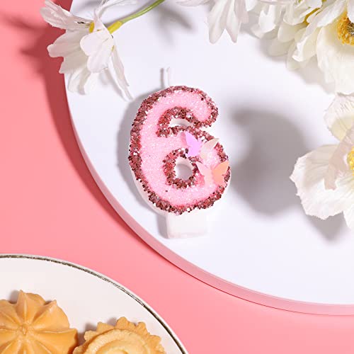 7,5cm Verjaardagsnummer Kaars, Glitter Roze Aantal Kaarsen Cake Topper Vlinder Verjaardag Kaarsen met pailletten voor verjaardag Feestartikelen (Nummer 6) 3