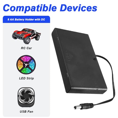 8 x AA Batterijhouders met DC Switch, 8 x Zwarte AA Batterij Slots met Aan/Uit Schakelhoes en 2.1mm x 5.5mm DC Plug met Schroef, Schroevendraaier (4 Pack) 3