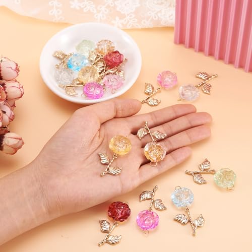 16 st. Rose Charms Transparante kleurrijke acryl & legering bloem hangers kleurrijke rozenkrans met gouden bladbloesem Charms voor DIY ketting oorbellen sieraden maken, acryl, acryl 5