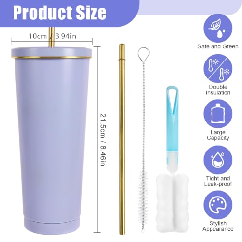 herbruikbare beker met strodeksel, 304 roestvrij staal met deksel en stro dubbelwandig reisbekertje, paars