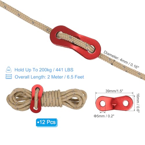 4mm Tent touw, 12 stuks 6.5ft Reflecterende Guy Touw koord gebonden touw Paracord Cord Camping Touwen met rood aluminium koord Richters voor Camping Wandeltent, Bruin
