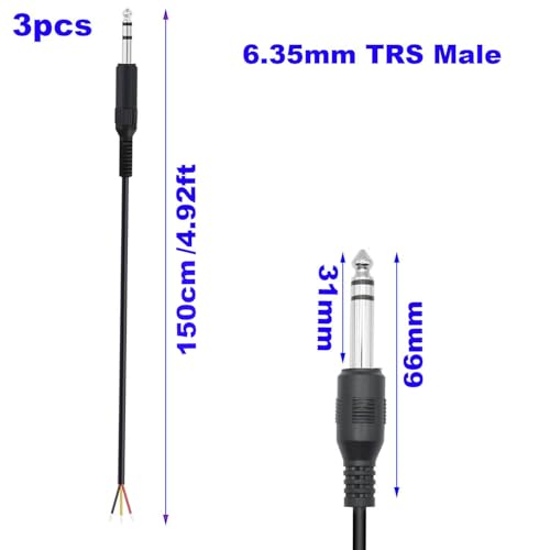 3st 6,35mm 1/4 inch TRS to Bare Wire, 6,35mm Audiokabel, Speakerkabel, TRS Pigtailkabel, Gitaarkabel, Stereoplug, Kabel voor Reparatie Microfoon Speaker Kabel, 1,5m