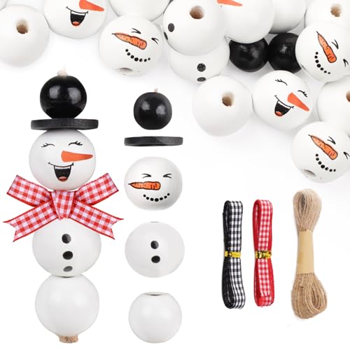 10 sets van sneeuwman houten kralen kits Xmas kraal met hennep touw rode plaid lint voor kerstboom DIY ambachten maken nieuwjaar feest decoraties