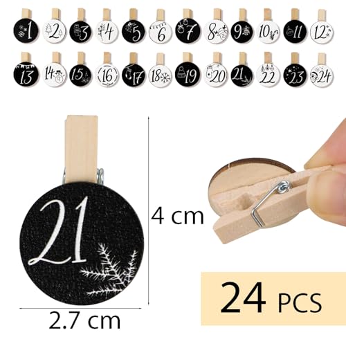 Verpakking van 24 Advent Calendar Clips met nummers, 1-24 Houten Kerst Pegs, Decoratieve Mini Kerstmis Clips, Ronde decoraties voor foto frames, Cadeautassen