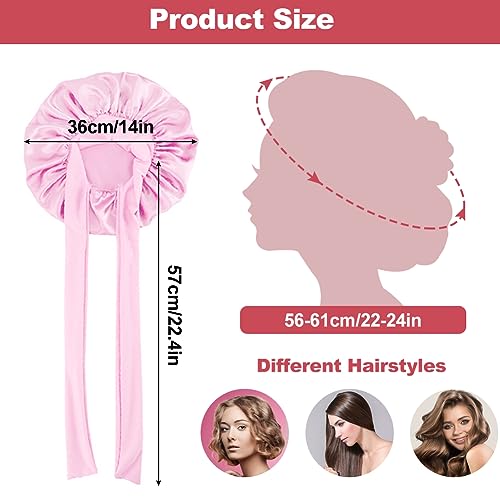Zijde Bonnet voor het slapen, 2 stuks Comfortabel Elastische Satin Bonnet met brede rand en versterking Band, zijde haar Wrap voor vrouwen en meisjes met 5 stukken haar Bands - Roze en 5