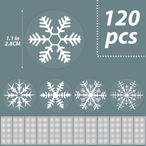 120 stuks sneeuwvlok Zelfklevende kersttickers Transparante kerstticker Ideale labels voor kaarten maken Scrapbook Holiday Envelope Seal and Craft Projects (White)