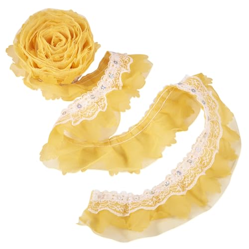 2-laags Lace Trim Polyester Chinlon Pleated Lace Ribbon 2M Gouden Ruffles Lace Broderie Anglaise Trim voor jurk Bruids Ribbon Sew On Applique Cloth, Gold